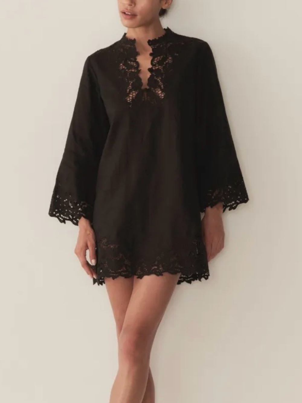 DÔEN Rosélie Linen Lace Crochet Tunic Mini Dress Black Size M Medium Like New